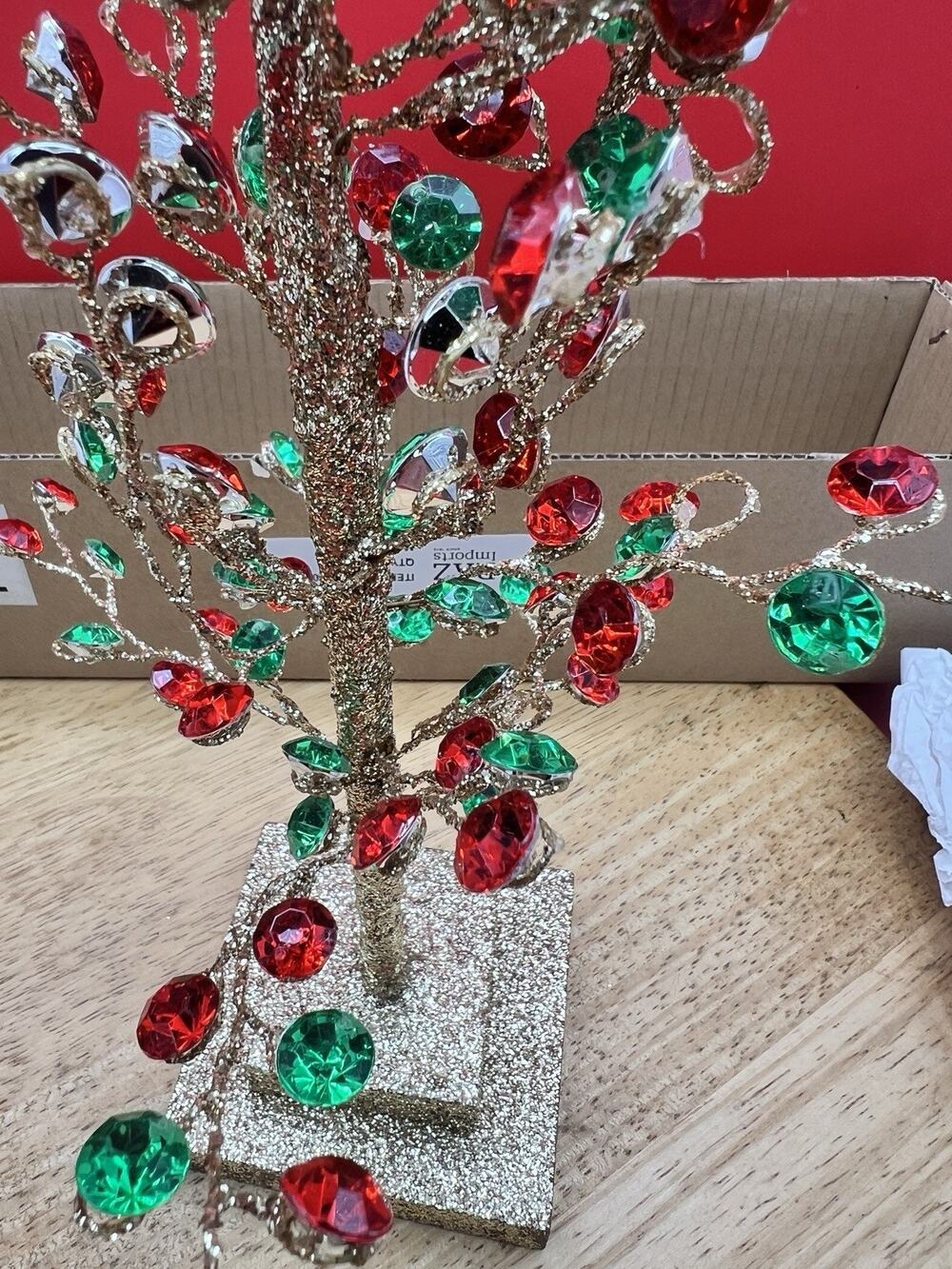 RAZ Imports Gold Glitter Christmas Tree Centerpiece Holiday Decor 15”. Red Green